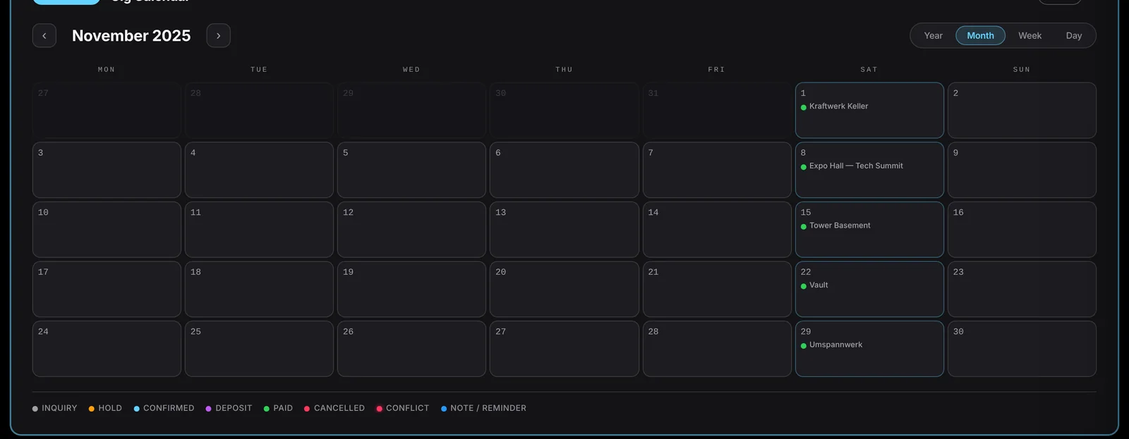 Month calendar with gigs marked by status colour